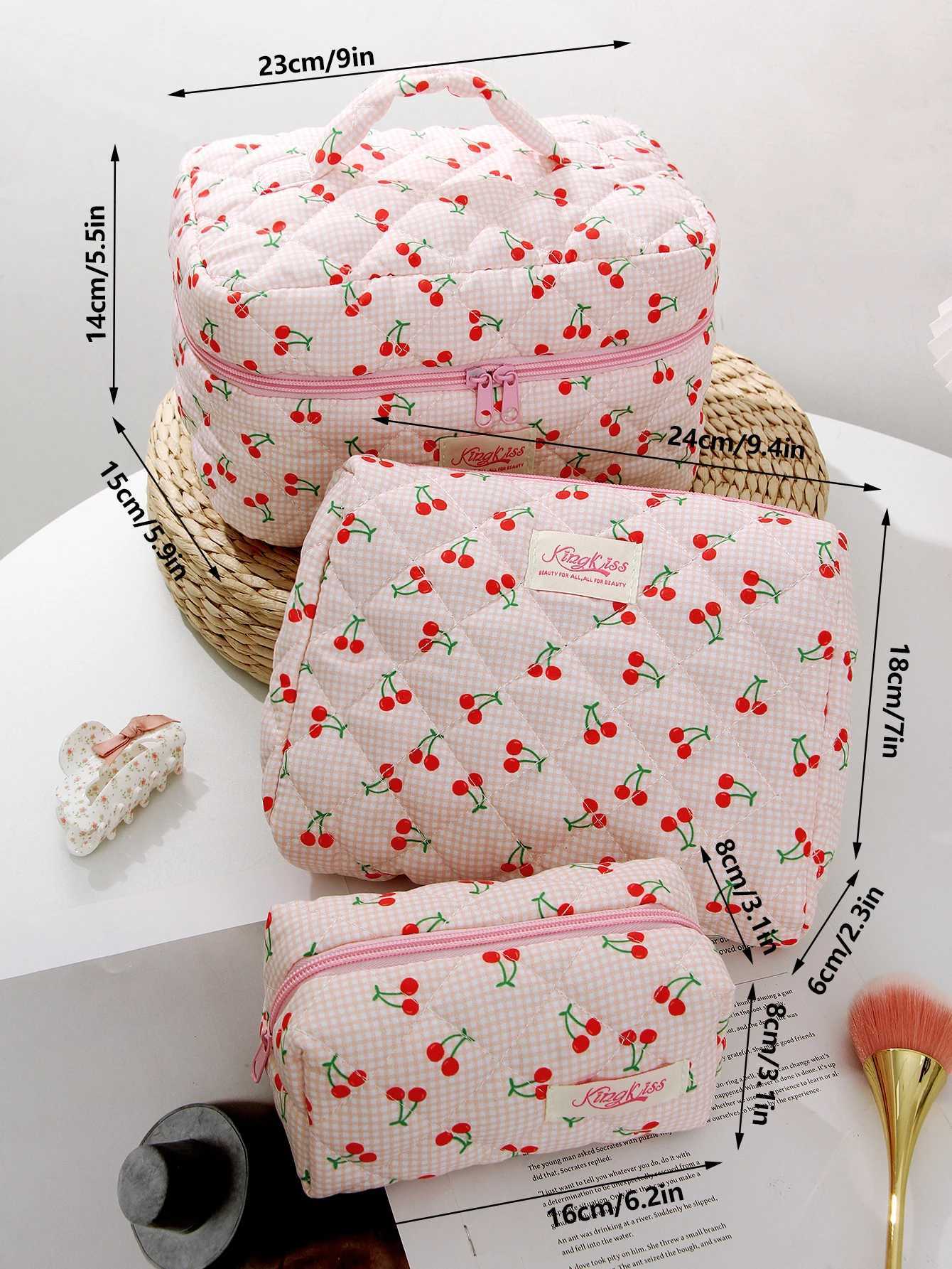1 piece/set plain weave and cherry print quilted makeup bag large capacity makeup bag multifunctional makeup bagXJ250415