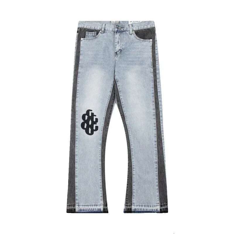 American Retro Washed Letter Spliced Denim High Street Trendy Brand Couple Loose Straight Micro-Flared Long Trousers