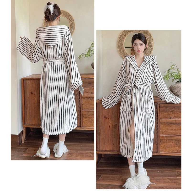 Thickened Flannel Robe Nightgown Womens Winter Long Morning Gown Bathrobe Striped Hooded Nightdress Coral Fleece Home Clothes C251115