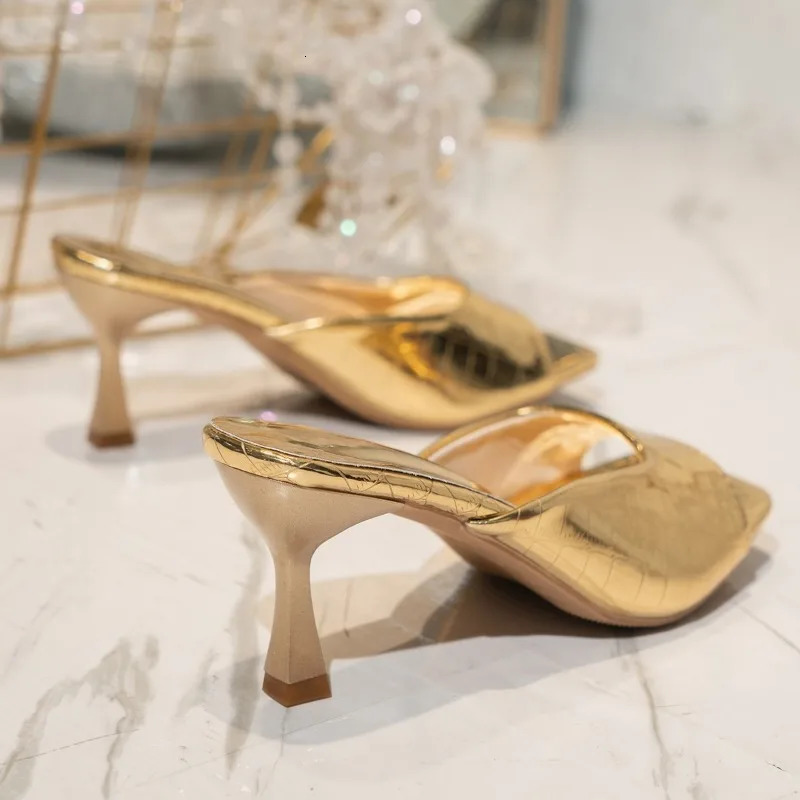 style slim highheeled slippers for women fashionable square shaped shiny leather set foot anti slip and wearresistant sandals 250409