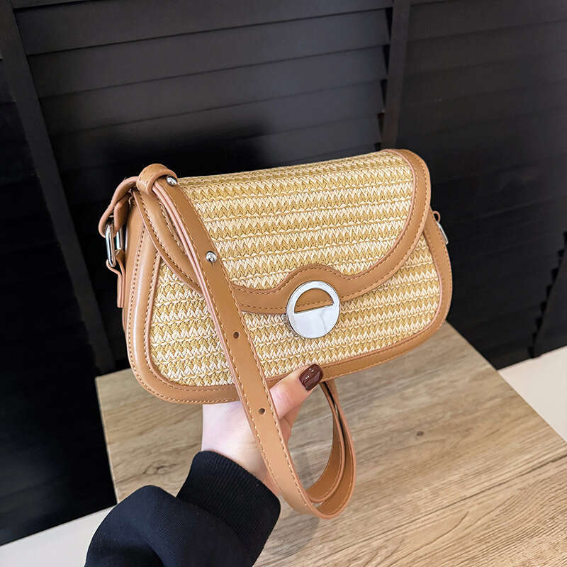 Handmade Beach Bag Leopard Print Contrasting Color Underarm Buckle For Women 2025 New Beach Crossbody Grass Woven Small Square Bag Kq2