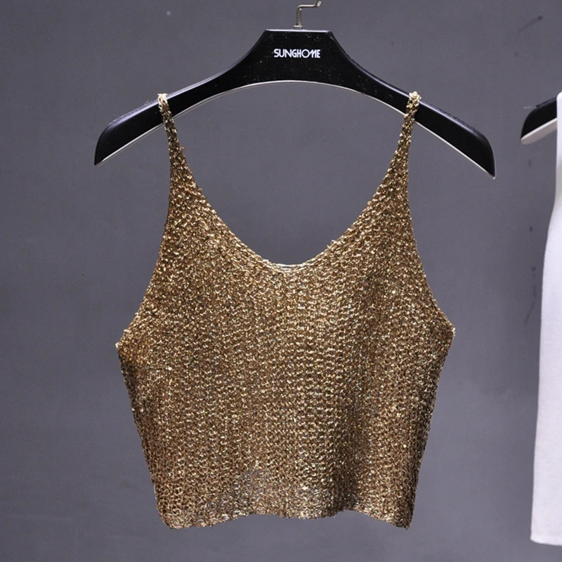 Sparkling Sequins Half Waist Render Knitwear Hollow-out Is Sexy Waist Condole Top Cropped Sexy Streetwear Woman Tops Summer 250415
