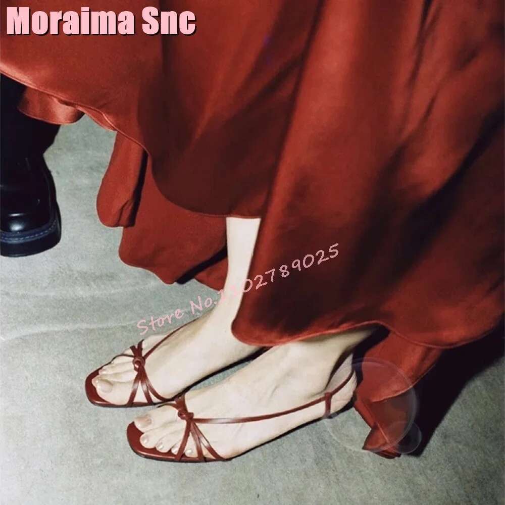 Fashion Concise Narrow Band Sandals Knot Hollow Sexy Kitten Mid Heel Solid Women's Dress Shoes Slip On Summer Banquet 2024 New