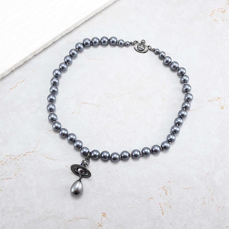 Empress Dowager Xi's Single Layer Gray Pearl Necklace With Three Dimensional Saturn UFO Water Droplet Pendant, Light And Clavicle Chain For Women