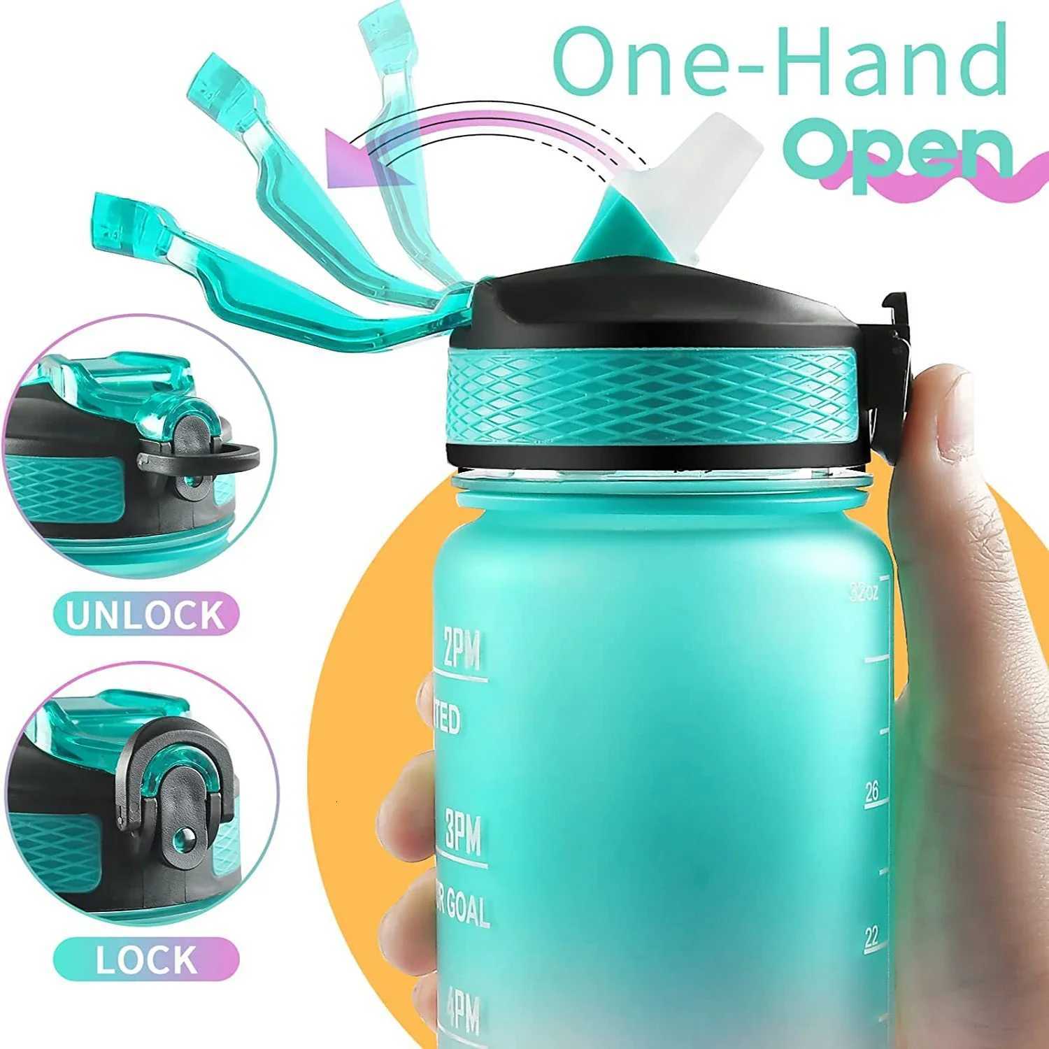 1L Sports Water Bottle with Straw and Time Marker Plastic Motivational Water Bottle Drinking Bottle Leakproof for Fitness GymW251114