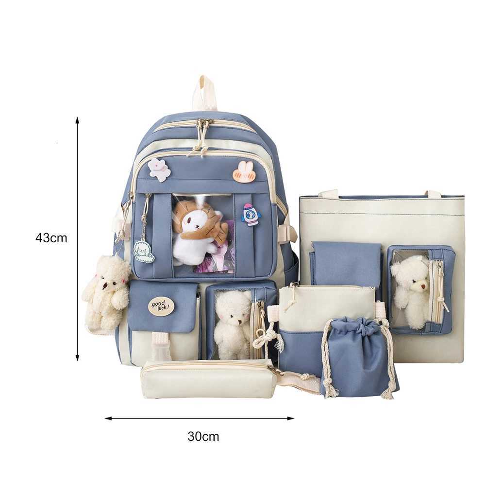 5pcs/set Kawaii Women Backpack Korean Cute Girl Bookbags Large Capacity Teenage Student School Bag Casual Canvas Travel RucksackW251114