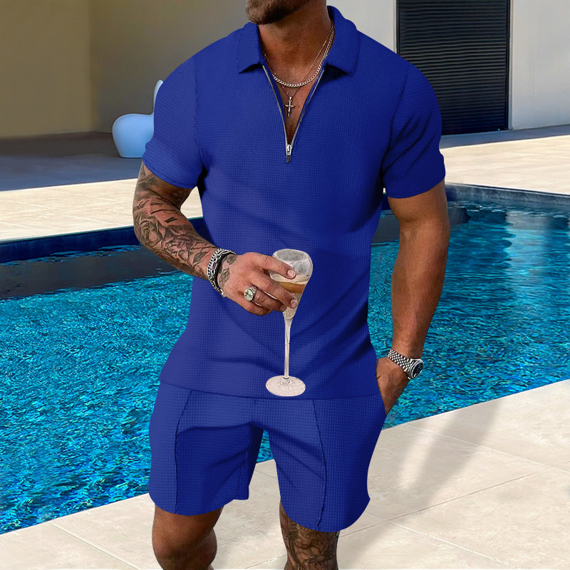 Summer suit light and casual solid color waffle lapel polo shirt men's half zip set