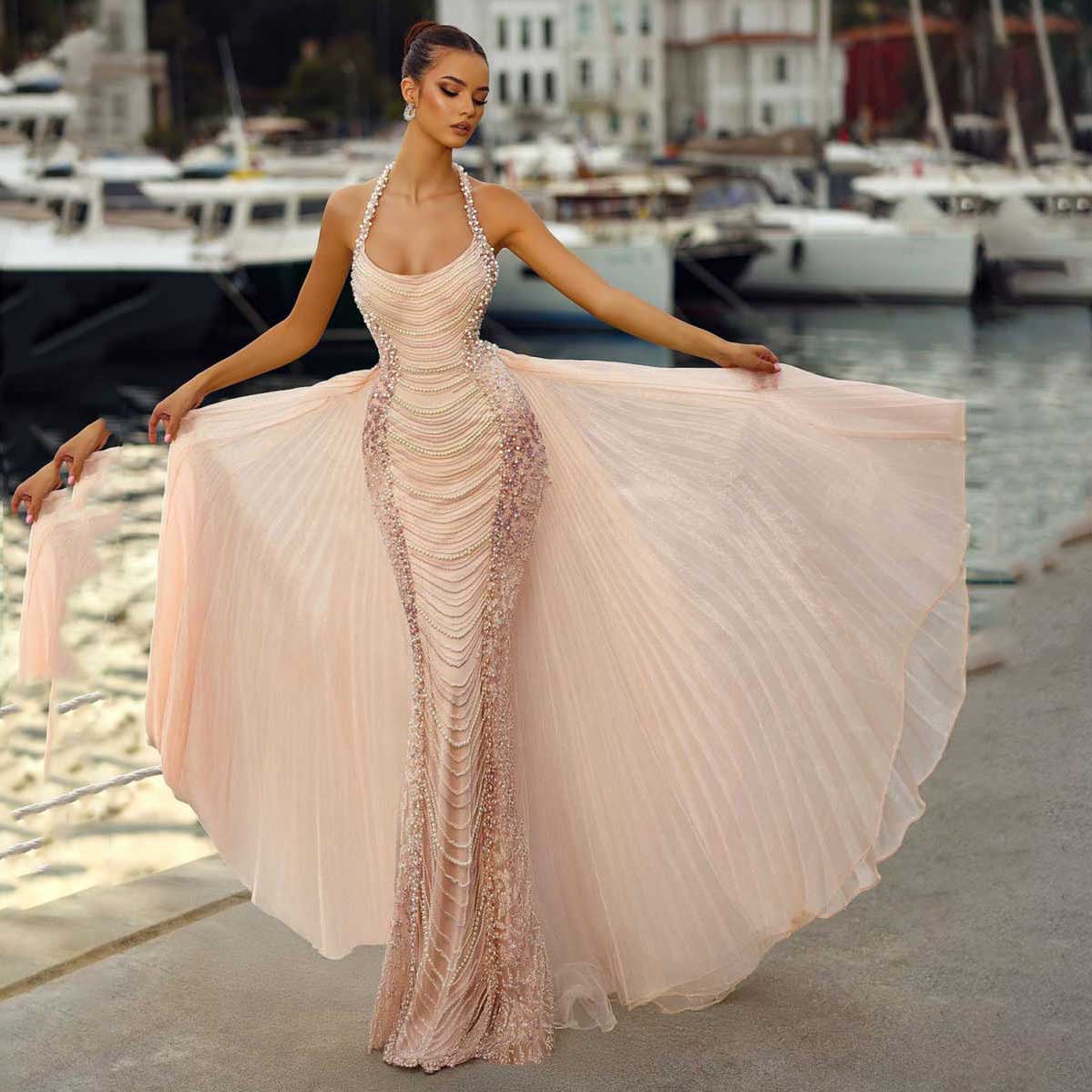 Mermaid Prom Gown Pearls Evening Dress Sleeveless Elegant Tulle 3D-Lace Backless Sexy V-Neck Robes De Mariee Size Customized L241641