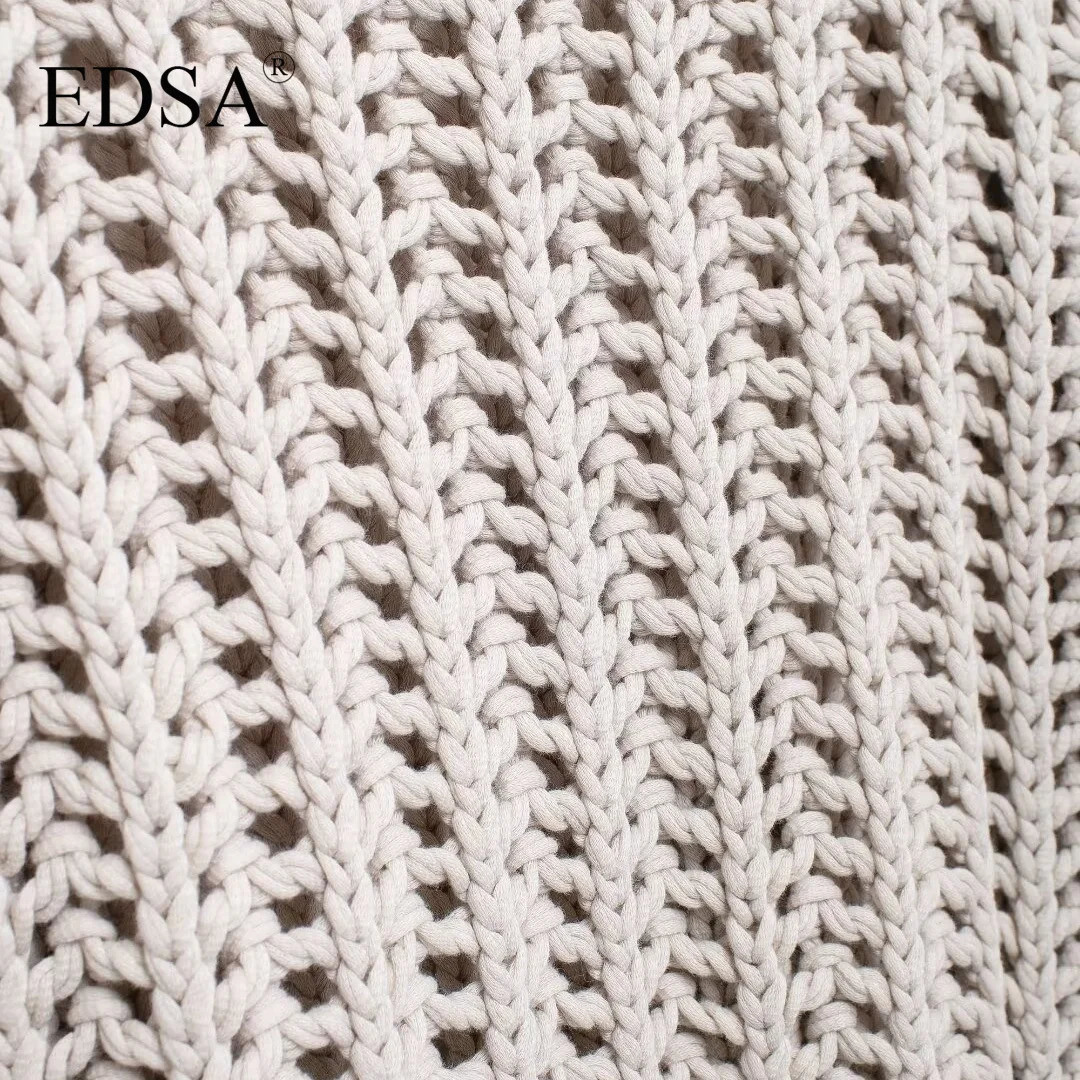 EDSA Womens Thick Knitted Top with Side Oneck Short Sleeve Hollow Open Sweater Casual Zipper 250407