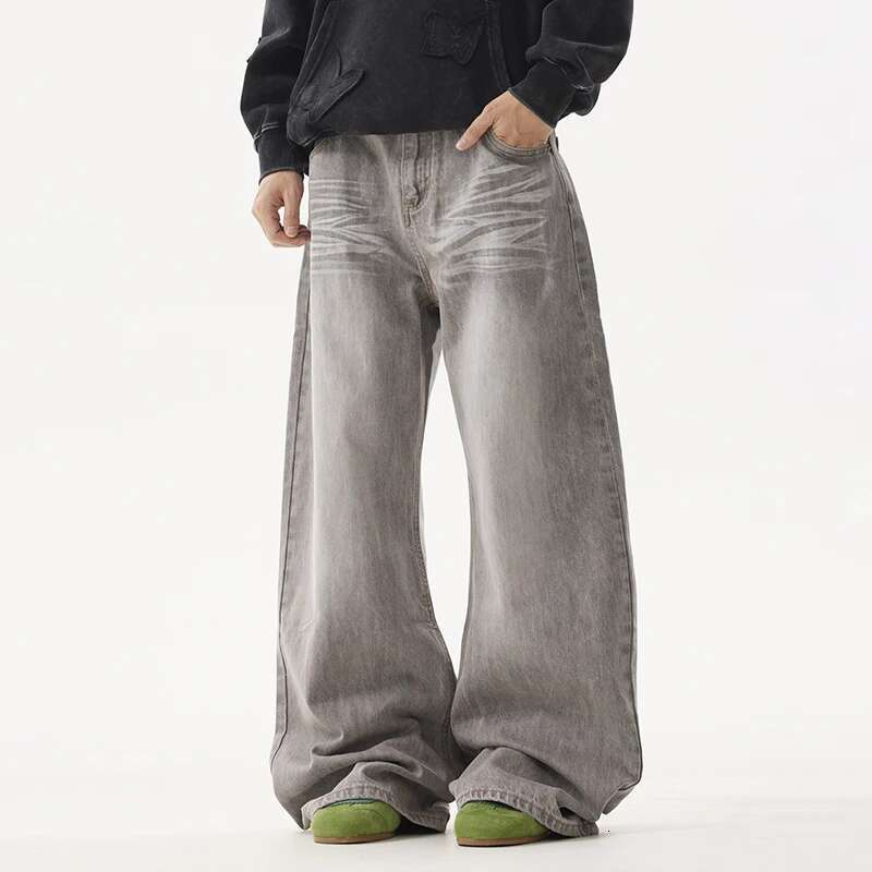 American Style Washed Worn-Out Jeans Men's High Street Striped Loose Vintage Wide Leg Pants 2025 Spring Fashion New 28W5192
