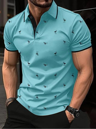 New mens lapel Polo flamingo short sleeved shirt with fashionable and personalized printed street style short sleeved top
