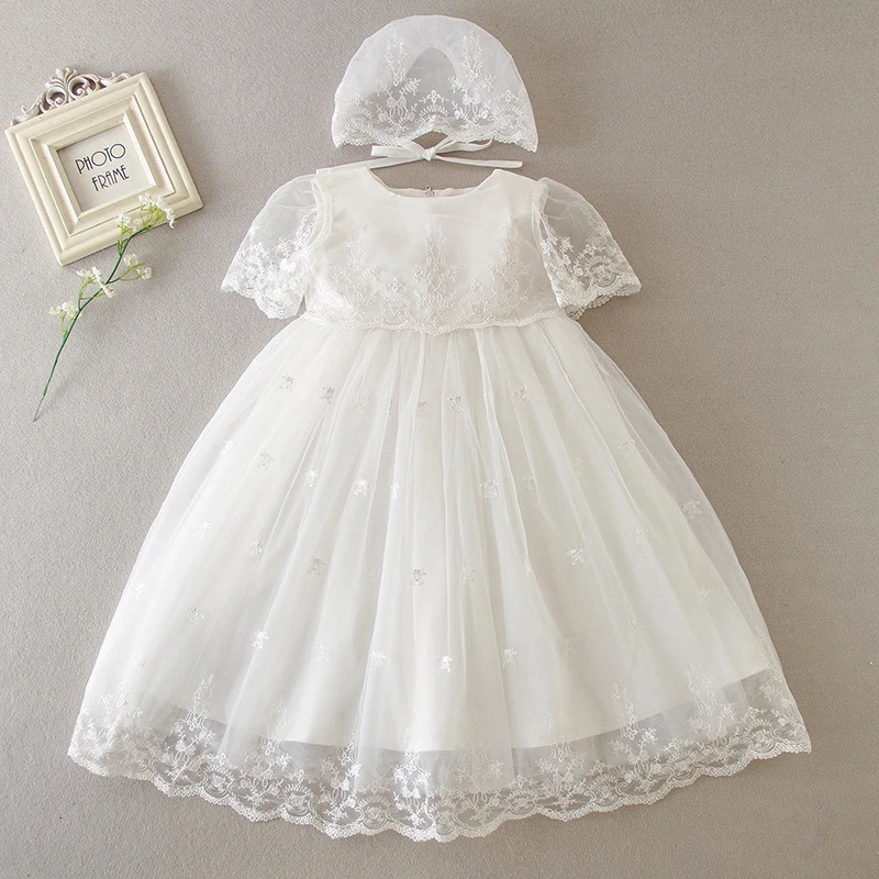 Summer 0-24M Baby Girl Baptism Dress White Lace Baptism Birthday Party Wedding Princess Dress Infant Baby Clothing 250415