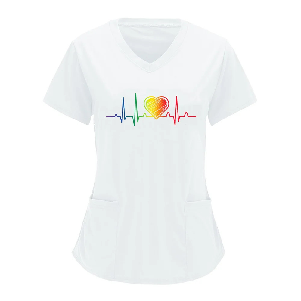 Women T-shirt Working Uniform Print Pocket Pet Grooming Nurse Uniform Clothing Hospital Solid Short Sleeve Spa V-Neck Scrub Tops 250415
