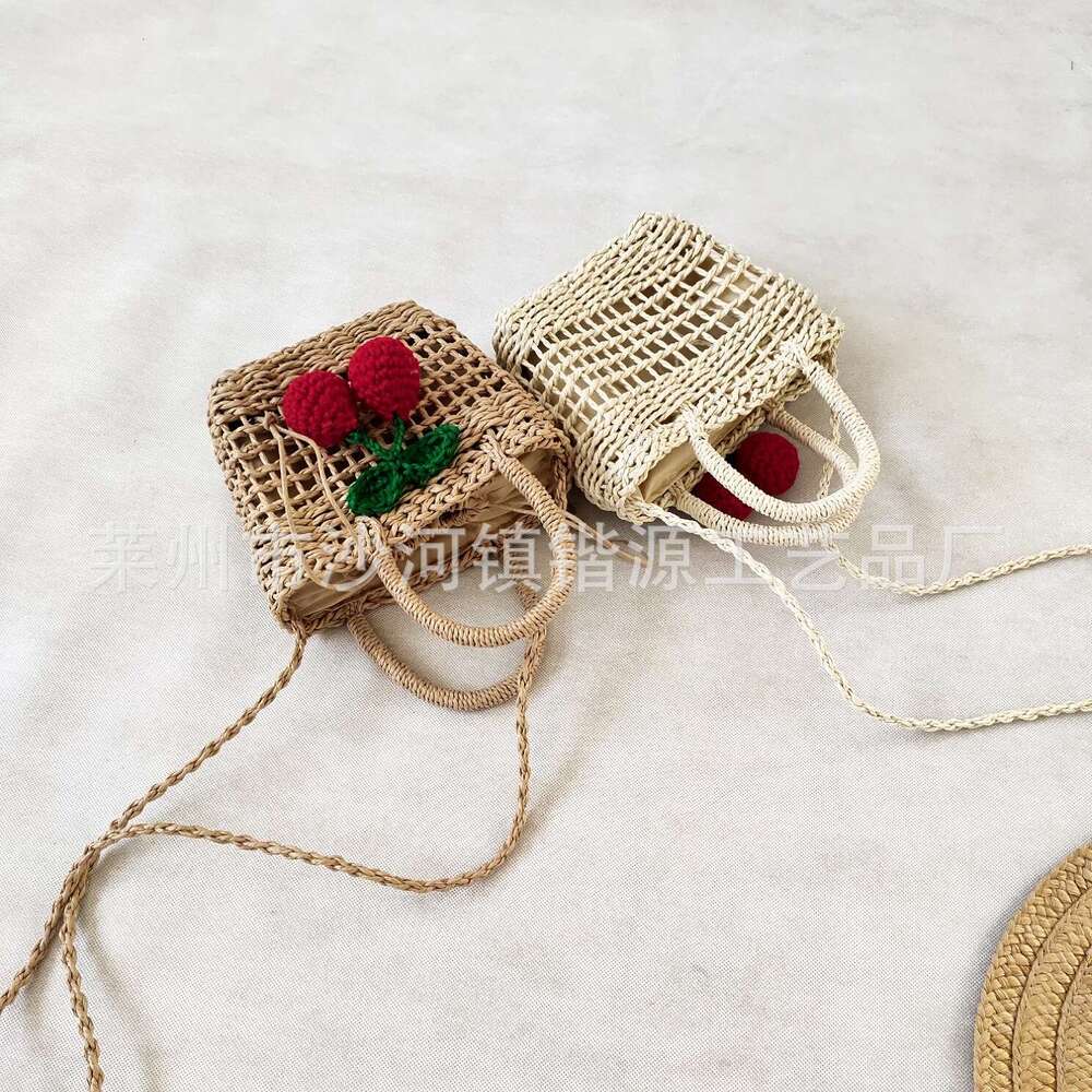 Handmade Beach Bag Straight New Hollow Cherry Grass For Women's Handheld Diagonal Cross Mini Handmade Woven Bag, Beach Bag Kq2
