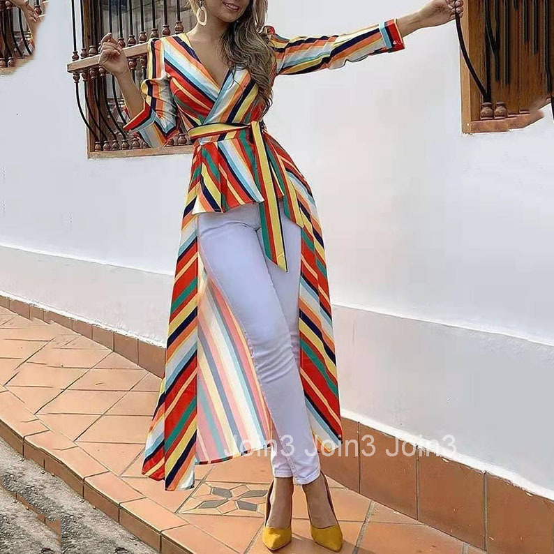 2025 Autumn Rainbow Stripe Dress Deep v Slimming Front Short Rear Long Coat