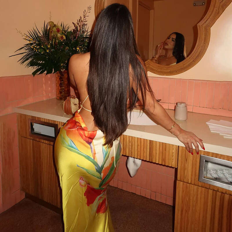 Women's Wear Summer New Women's Clothing Style Elegant Contrasting Flower Print Hanging Neck Swinging Collar Slim Fit Hip Hugging Long Skirt