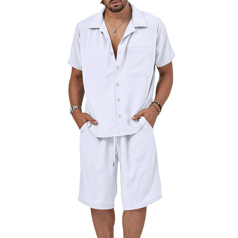 2025 Summer Men's Short sleeved Shorts Set Solid Color Collar Shirt Large Casual Two Piece