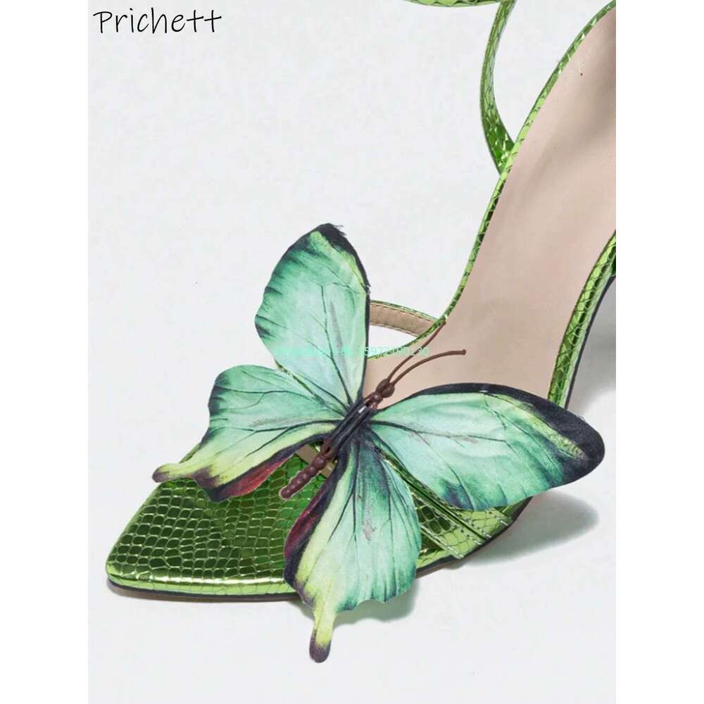 Green Butterfly Thin Heels Sandal Pointy Toe Ankle Band Sgback Belt Stiletto Summer Vocation Party Women Shoes 2024
