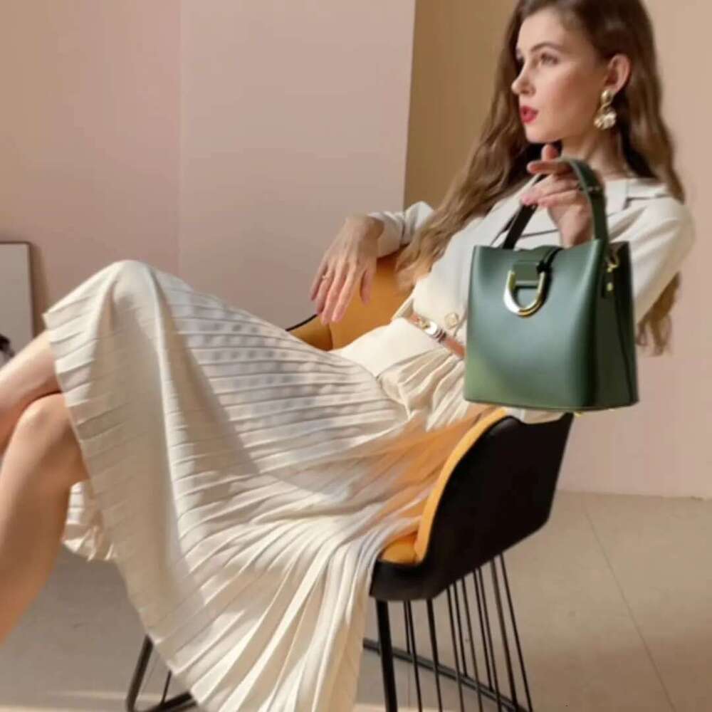 Women's Genuine Leather Bucket Bag 2024 Fashion One Shoulder Straddle Crossbody Handbag For Spring Summer