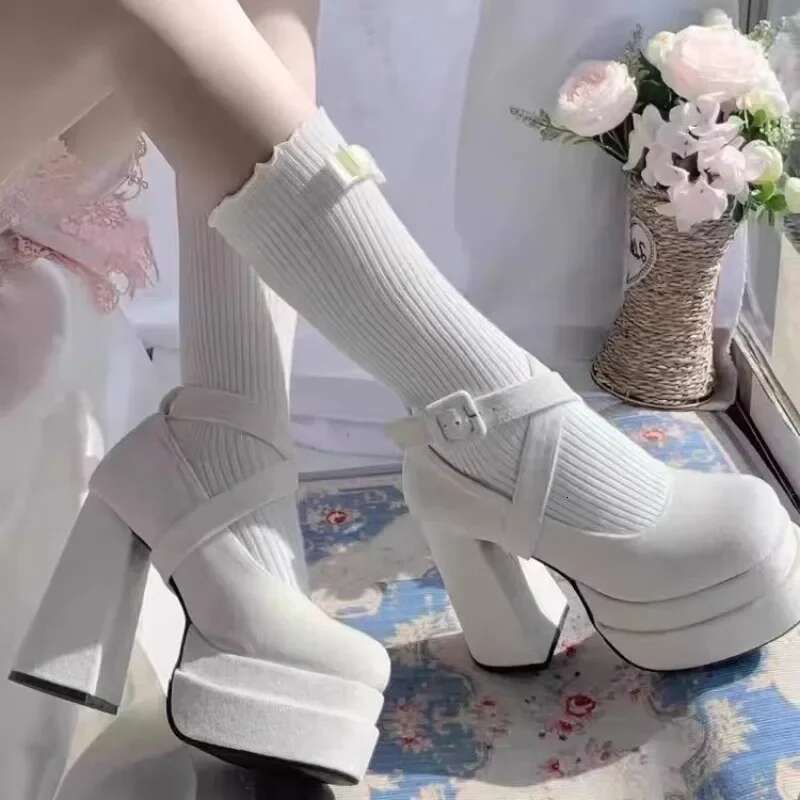 Fashion Designer Platform Women Mary Jane Cross Strap Thick Heel Shoes Ladies College Style Dress Pumps Shoe