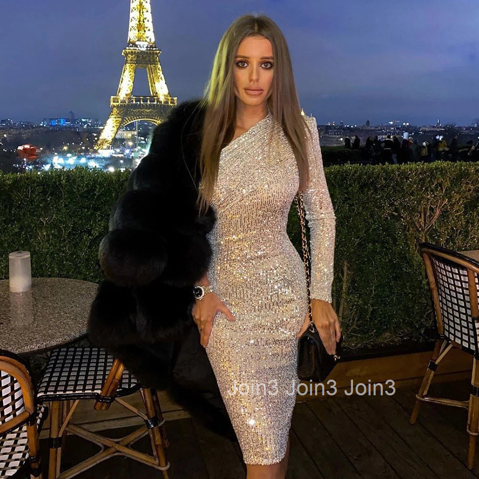 2025 One Shoulder Dress with Diagonal Collar and Chest Wrapping Evening Dress Fashion Glitter Nightclub Sexy Womens Wear