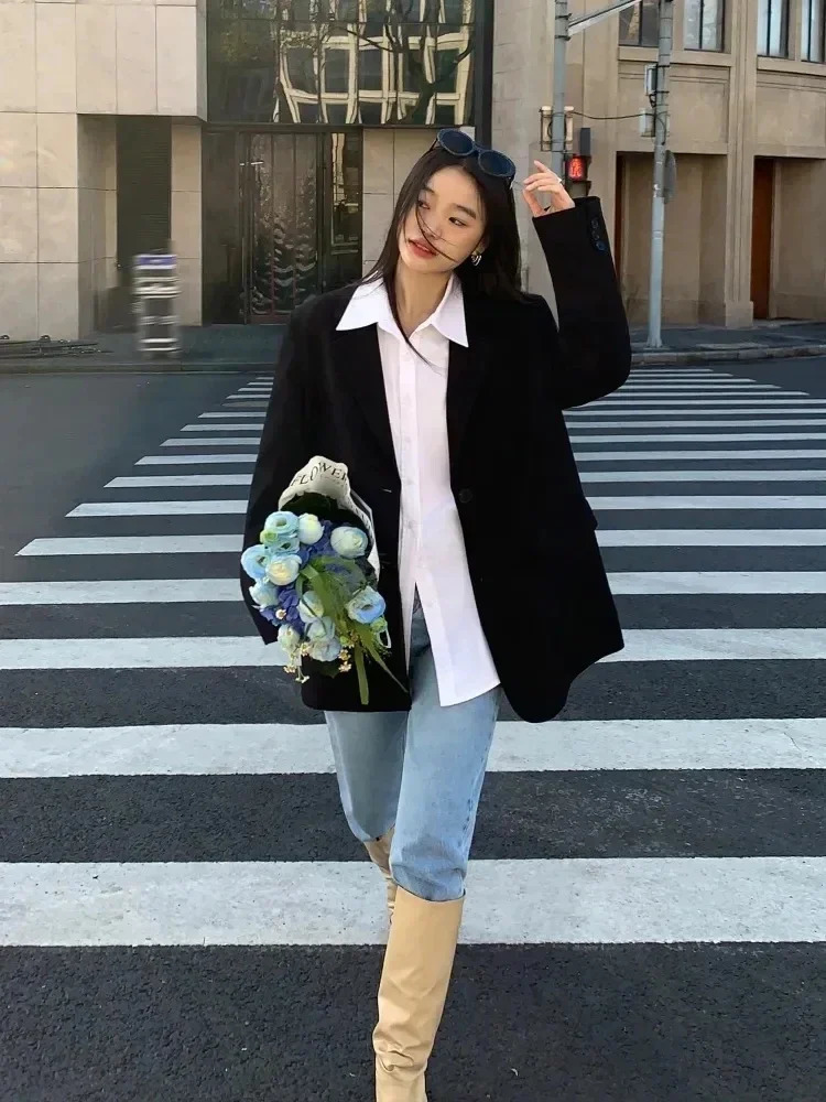 Womens black suit jacket long sleeved jacket Korean fashion back part style jacket womens loose jacket 250415