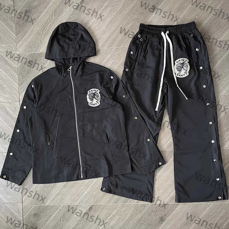 Saint Vanity Embroidered Zipper Snap Button Casual Sporty Windbreaker Track Suit Set with Pants Streetwear Fashion H250415