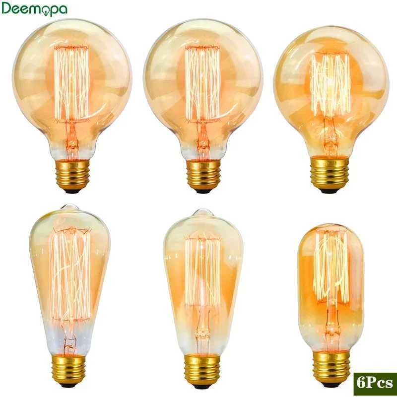 6pcs/lot Retro Edison Bulb C35 T45 ST64 G80 G95 A60 Filament Light 40W E27 Vintage Ampoule Incandescent Lamp Decorative Lights C251115