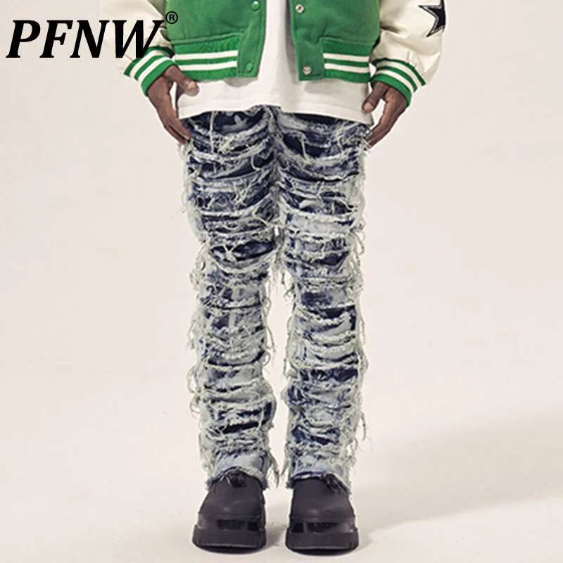 Spring New Men's American Vintage Streetwear Tide Denim Jeans Holes Raw Edge Casual Chic Straight Slim Pants 28A1011