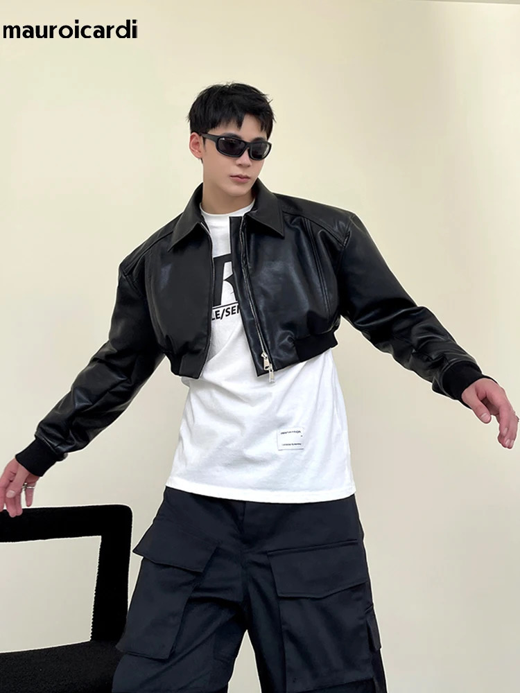 Mauroicardi Spring Autumn Cropped Pu Leather Jacket Men Long Sleeve Zipper er Clothes Runway European Fashion 250409