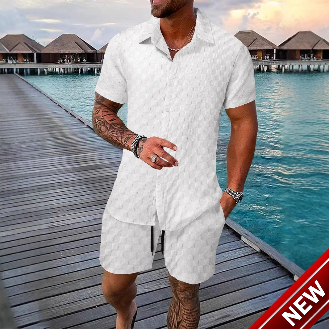 Summer fashion mens shirt casual loose vacation beach mens short sleeved set