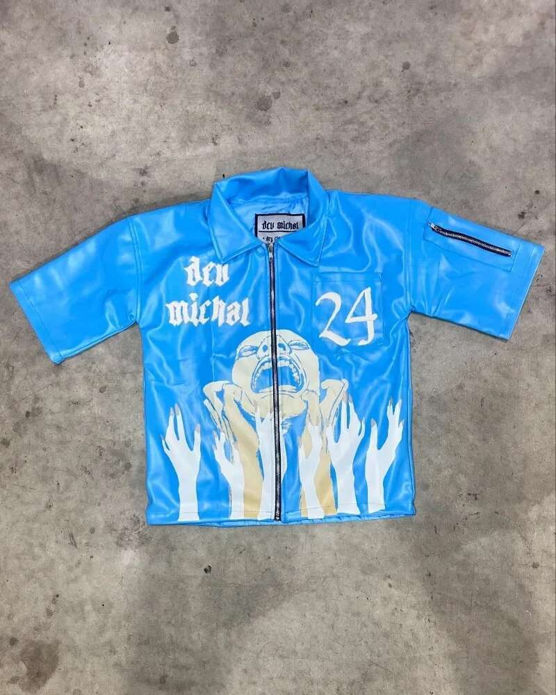 American New Letter Printed Hip-hop PU Short-sleeved Shirt Ladies Y2K Haruku Vintage Rock Casual Couple Sports Short Sleeves