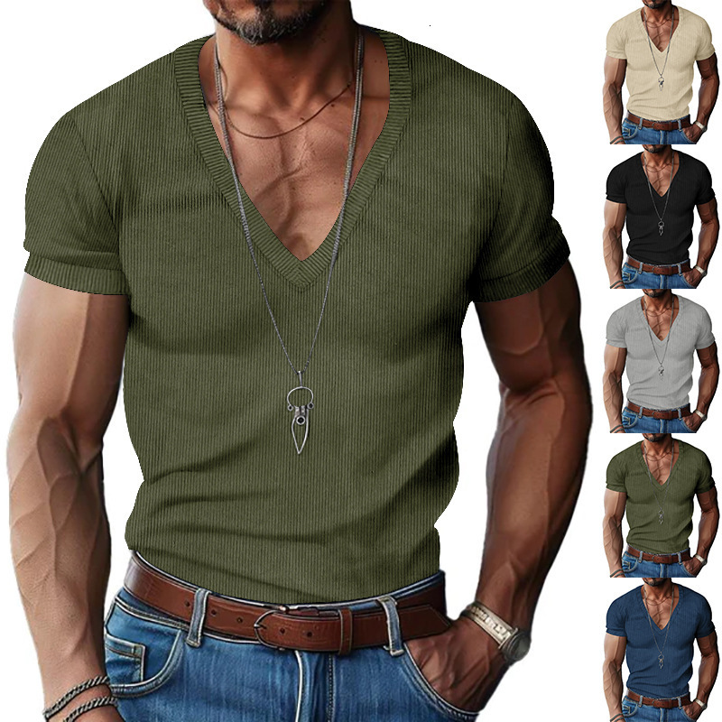 Men's corduroy short sleeved summer V-neck solid color slim fit casual T-shirt men's top