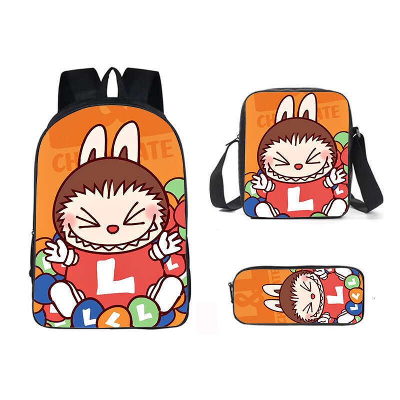 New printed Labubu three piece set cartoon rabbit student backpack shoulder bag pencil case for boys and girls