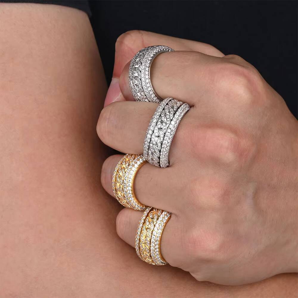 Fashion 14K Gold White Gold Plated Iced Ring Mens/Womens Radiant Cut Moissanite Eternity Bling Cuban Link Chain Ring Chic