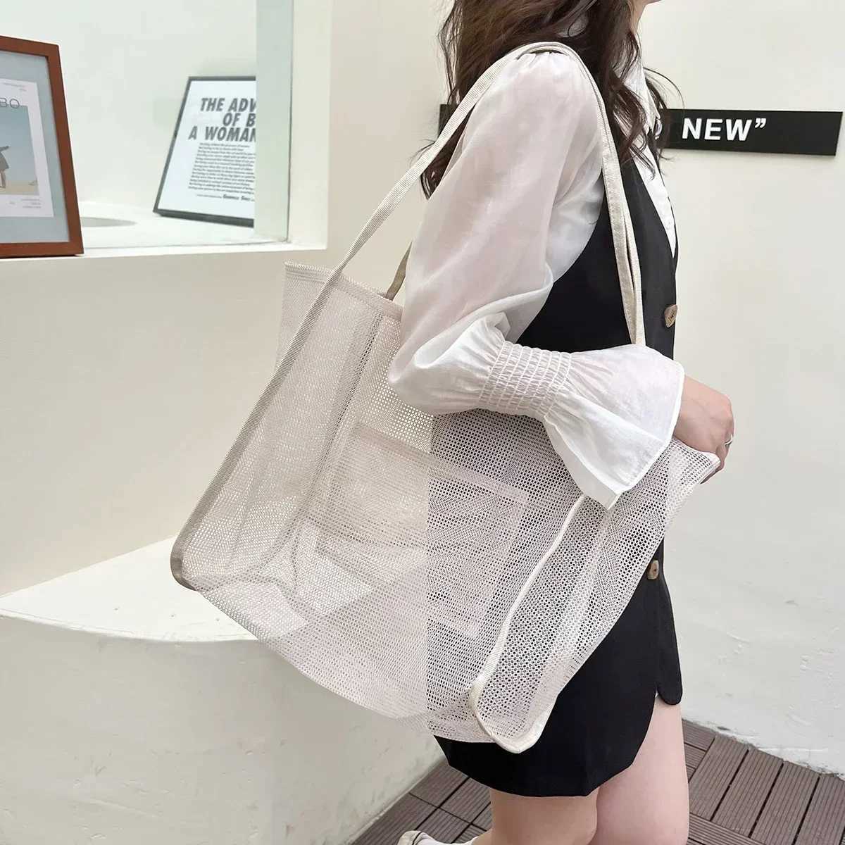 Summer Mesh Handbag Womens Large Capacity Shoulder Bag Transparent Beach Bag Canvas Shopping Stray Bag Womens Handbag W250415