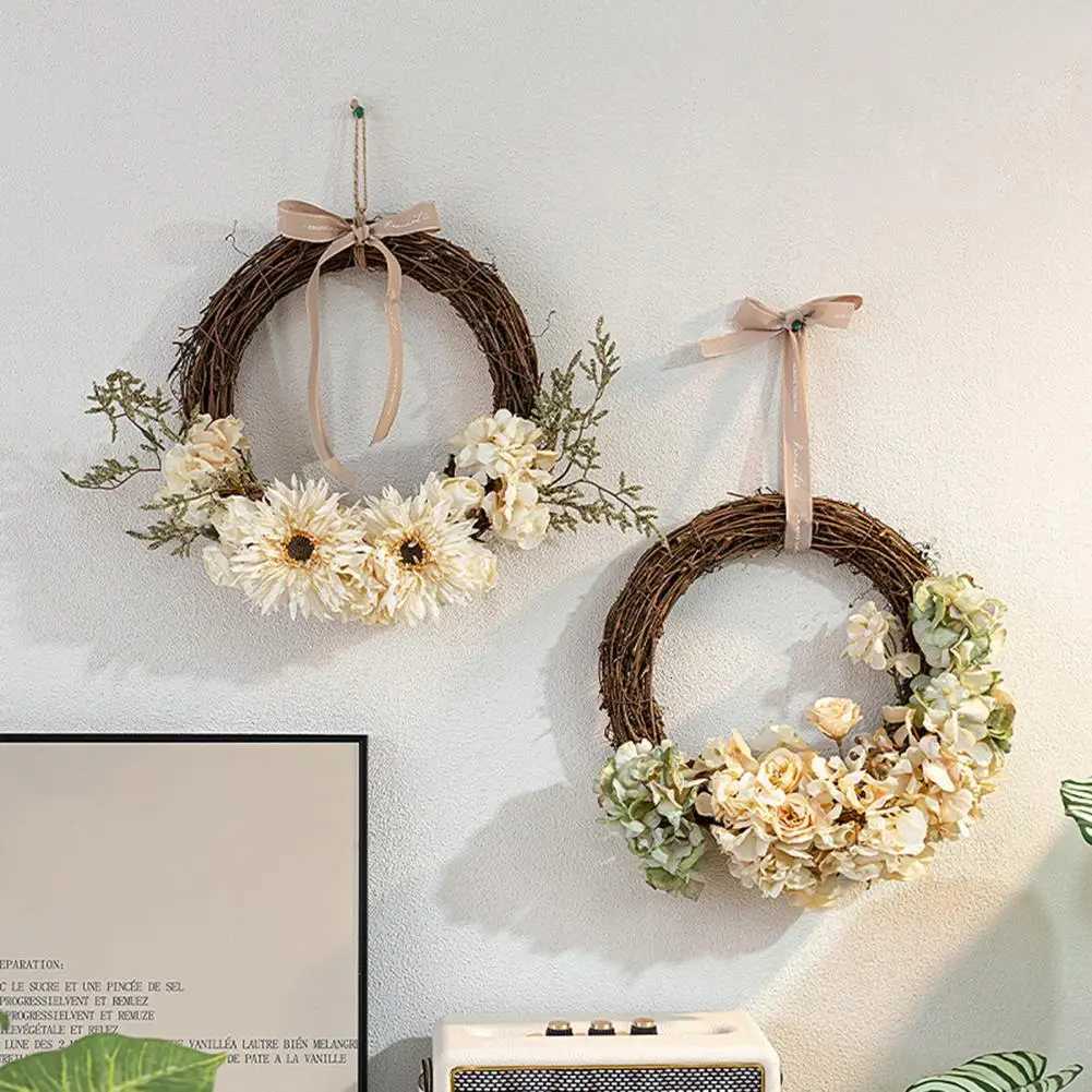 Artificial Flower Rattan Wreath for Front Door Handmade Floral Twig Garland for Weddings Birthday Party Wall Hanging DecorM251115