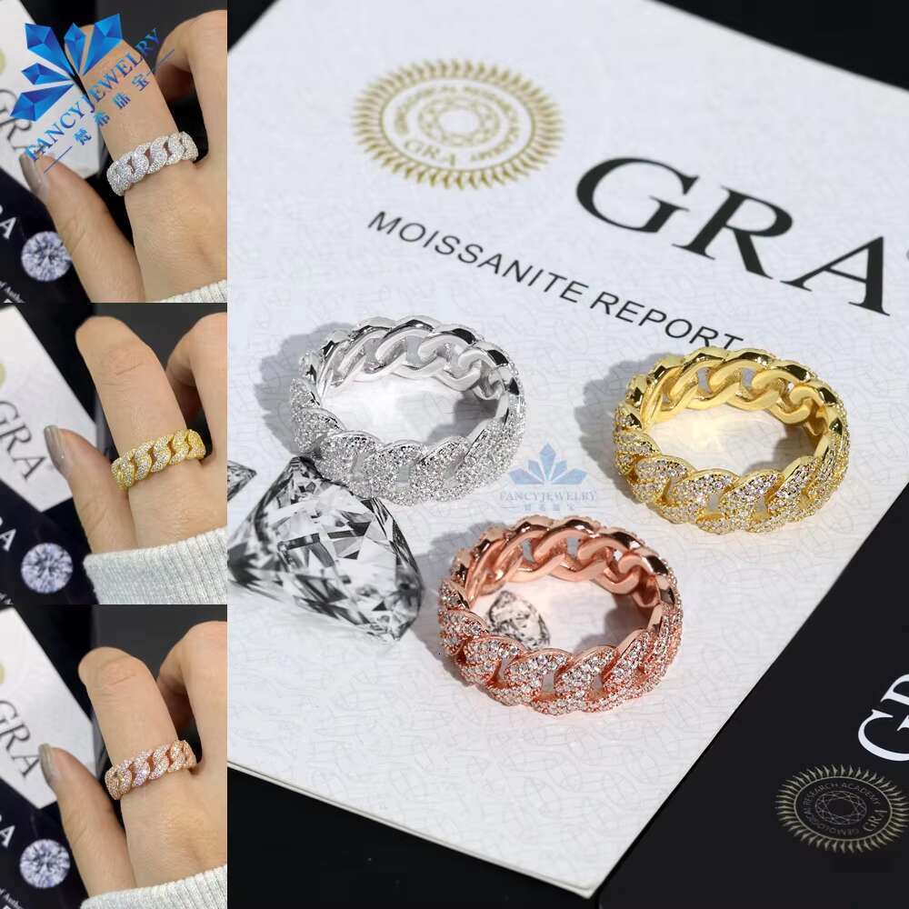 Wholesale 2025 New Unisex Luxury 7mm Full Moissanite Iced Cuban Ring 18mm 925 Silver Men Weddings Parties Customizable Fashion