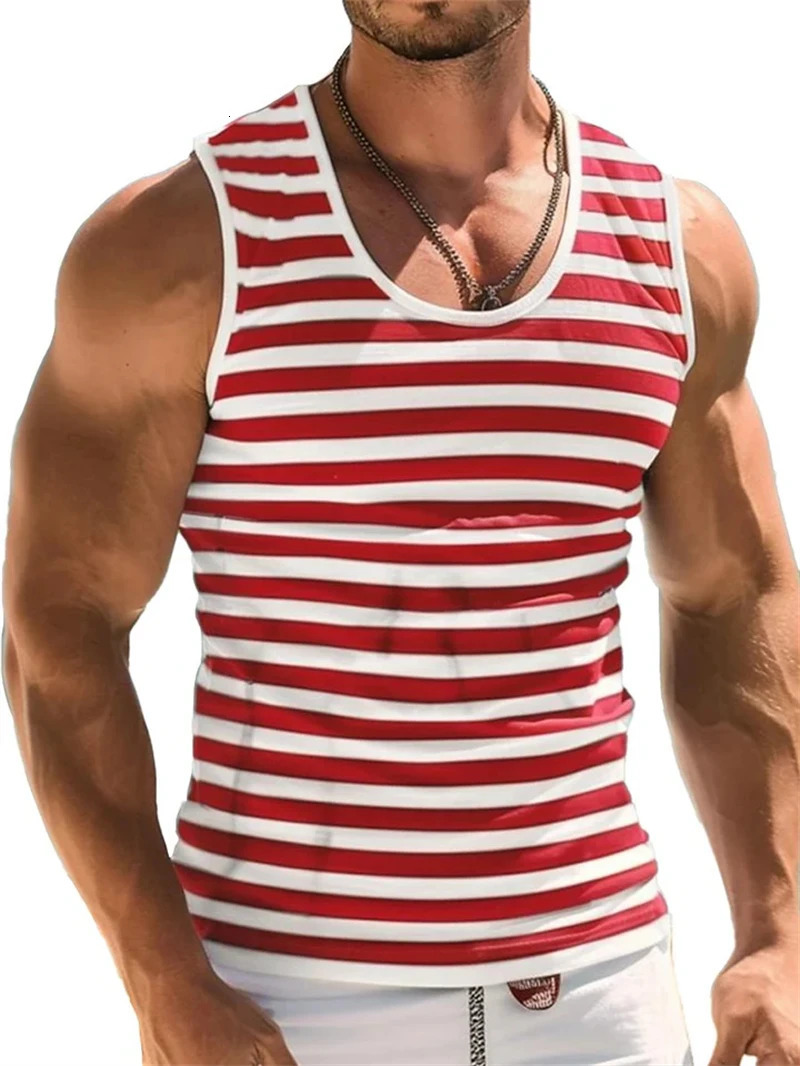 Mens Retro Stripe Graphic Tank Tops Fashion Summer Sleeveless Casual 3D Printed Vest Loose Quick Dry Breathable Tees Pullovers 250415