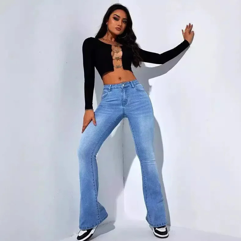 S6968 European and American Cross Border 2024 High Waist Straight Leg Jeans Weight Loss Versatile Elastic Bootcut Pants 250414