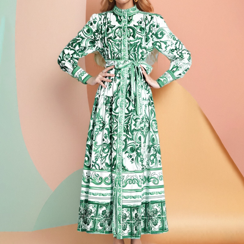 V42Chic and Trendy Women's Long Swing Dress Featuring Delicate Prints and Sophisticated Lacing