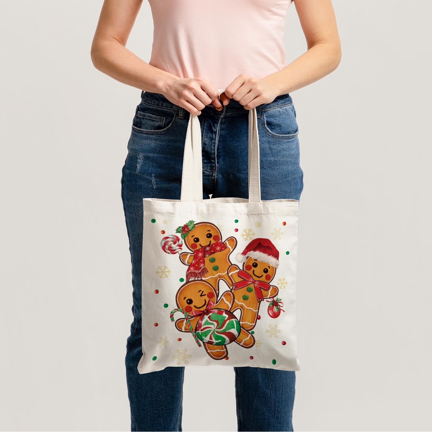 Christmas Canvas Bag, Christmas Winter Gingerbread Man Reusable Shoulder Tote Bag for Women Lady Casual Vacation, Shopping, Work, Gym ddmybear