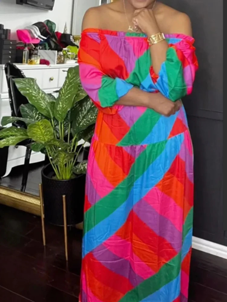 Large size womens 2025 summer sexy printed strapless long sleeved dress with colorful polyester on sale 250407