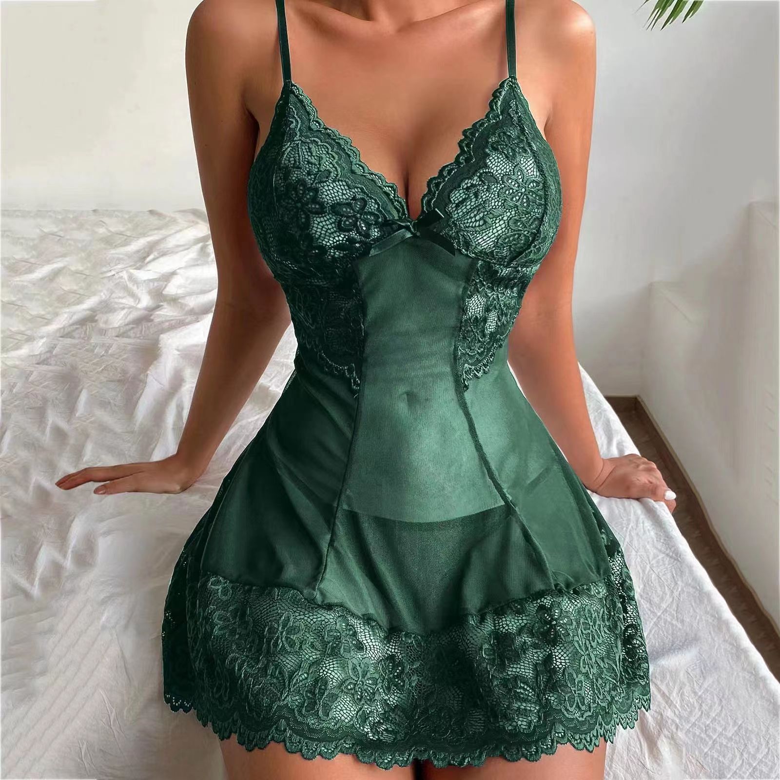 2025 Designer's Sexy Pajama Women's Summer Home Sexy Strap Skirt Lace Mesh Transparent Mesh Fashion Slimming One Piece Pajama