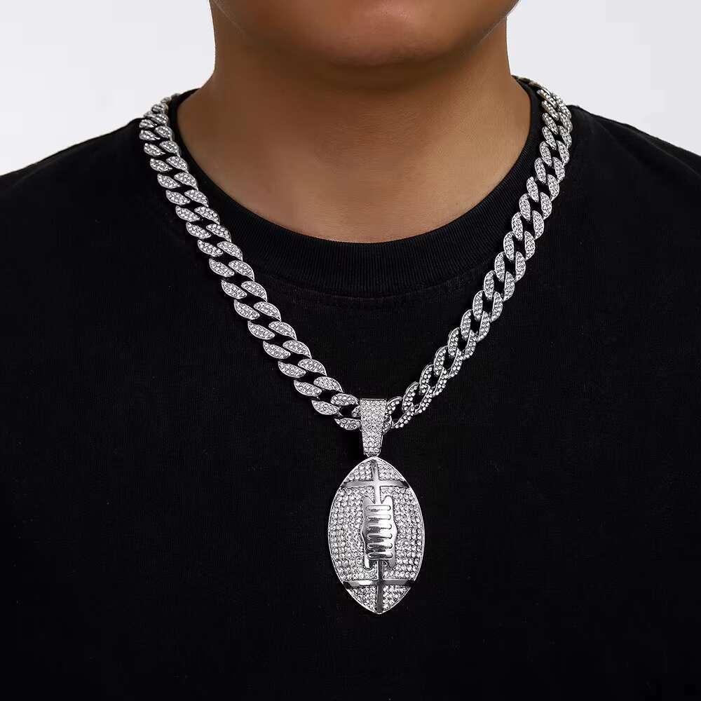 DHcollections Men's Hip Hop 15mm Miami Chain With Alloy And Rhie Dias Rugby Pendant Necklace
