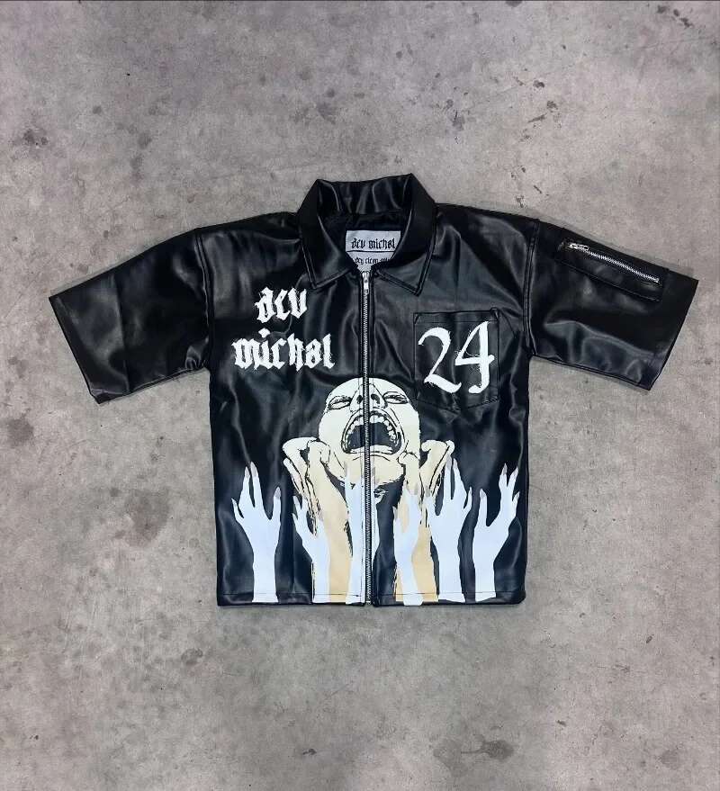 American New Letter Printed Hip-hop PU Short-sleeved Shirt Ladies Y2K Haruku Vintage Rock Casual Couple Sports Short Sleeves