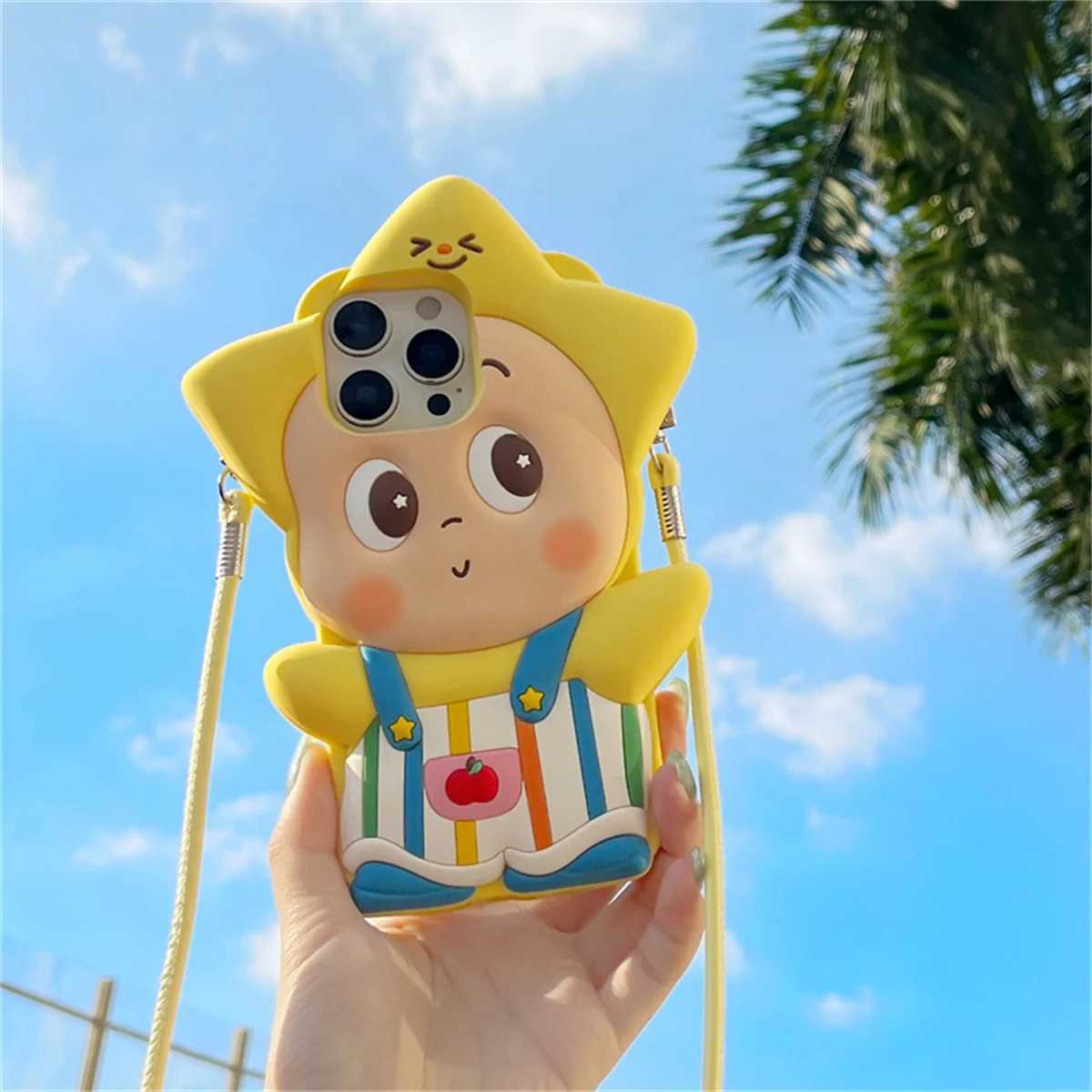 Kawaii Cartoon Star Baby Phone Case For iPhone 17 Pro 13 12 14 15 16 Pro Max Cover with Lanyard Soft Silicone Cute Cases J251202