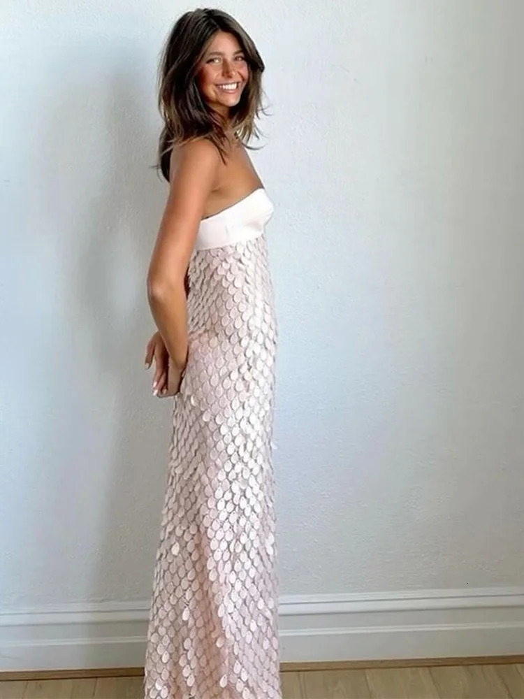 Sexy Sequined Long Dress Women Patchwork Solid Tube Top Sleeveless Party Dresses 2025 Summer Lady Slim Vacation Backless Robes 250409