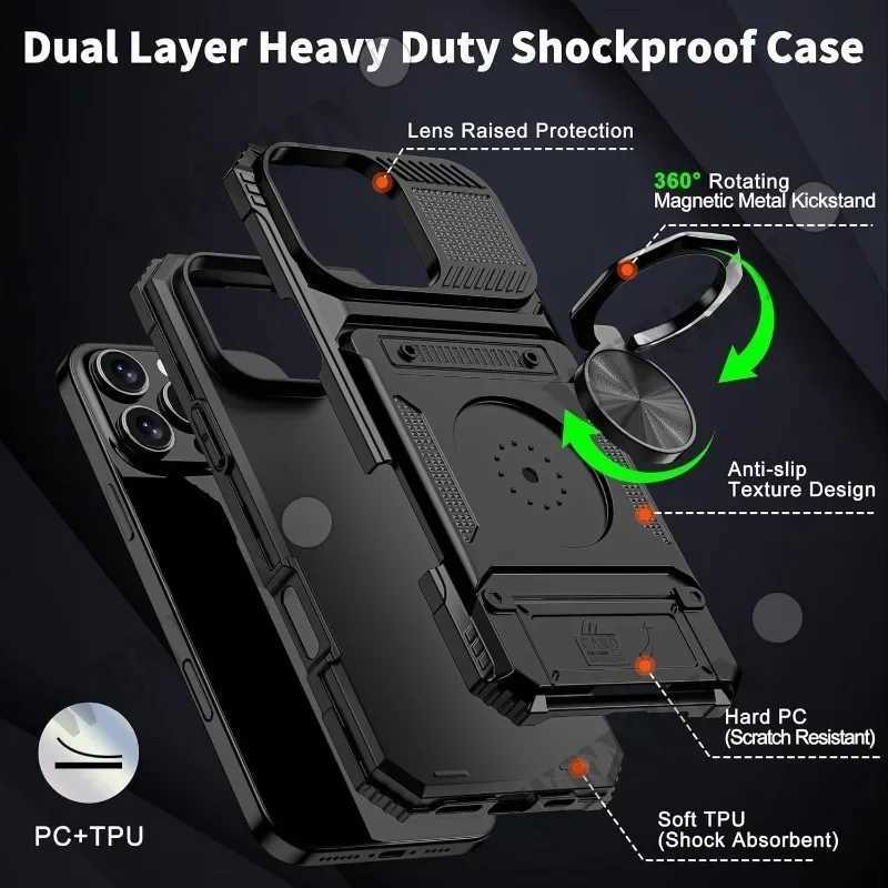 Case For iPhone 17 16 15 14 Pro Max 16 Plus Magnetic Rotated Ring Kickstand Heavy Duty Drop Protection Wallet Cover Funda Capa J251202