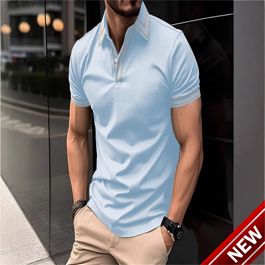 Mens POLO summer daily casual tactical training patchwork lapel line solid color short sleeved t-shirt